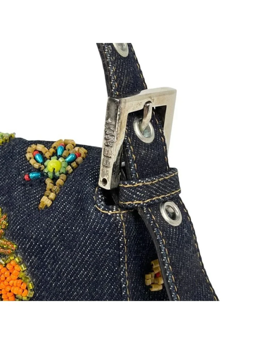 Fendi Zucca Pattern Mamma Baguette Beads Embroidery Shoulder Bag Denim Navy - Picture 12 of 15